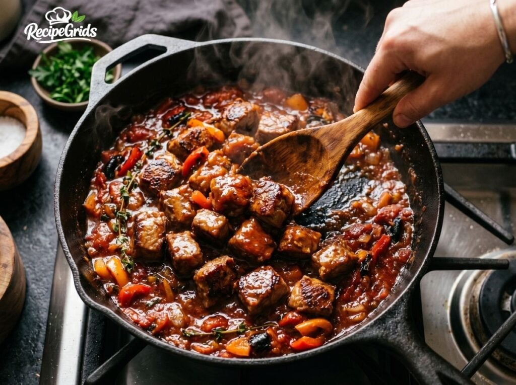 A wooden spoon stirring seared lamb cubes back into a rich, simmering, glossy tomato and pepper reduction in a pan.
