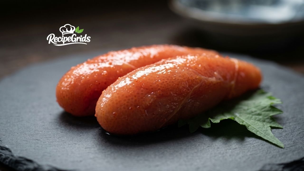 Close-up of fresh, spicy Mentaiko (Japanese pollock roe) resting on a shiso leaf over a dark slate plate, by RecipeGrids.