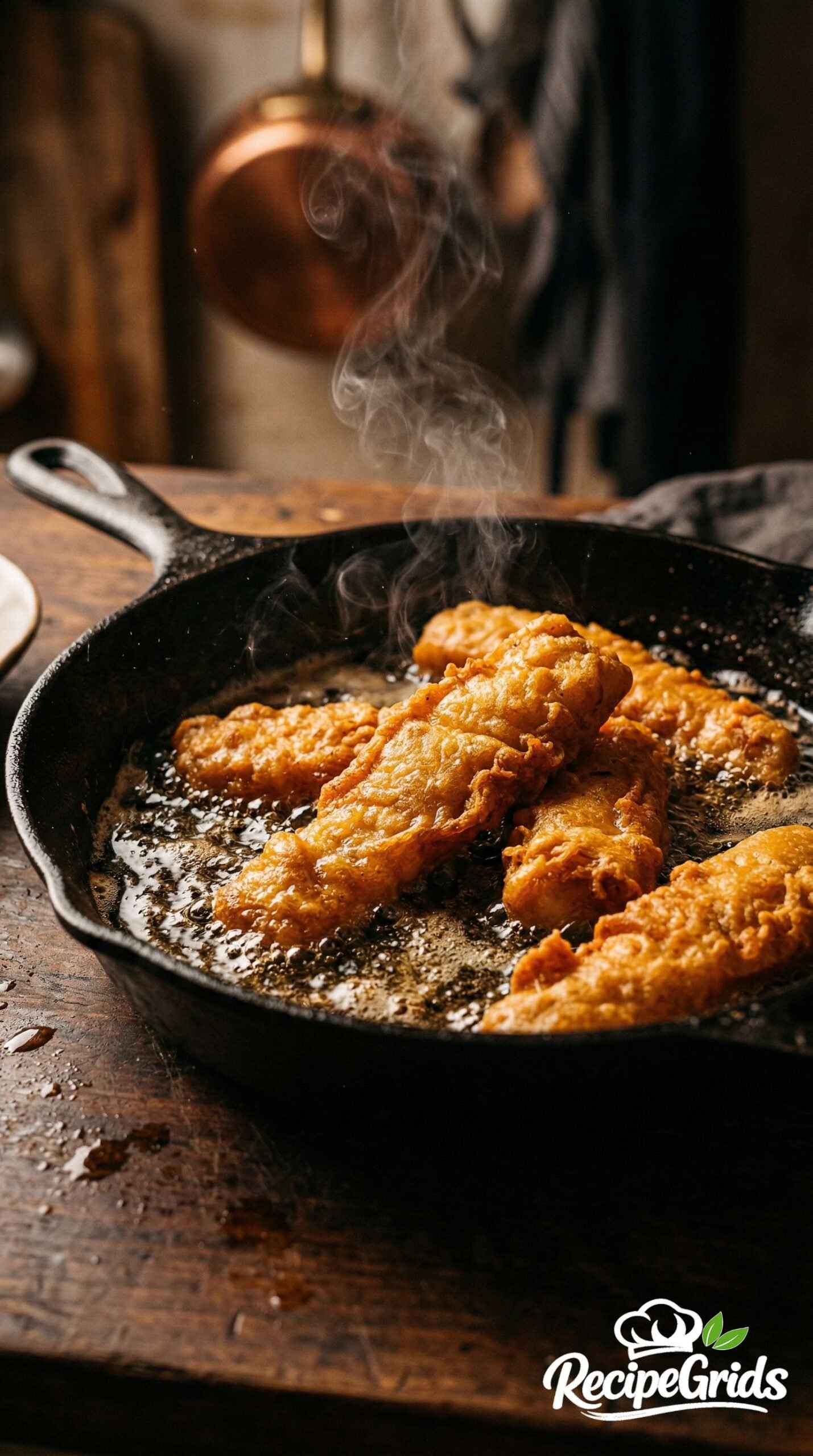 Golden battered cod sizzling in a cast iron skillet - crispy fish for fish tacos