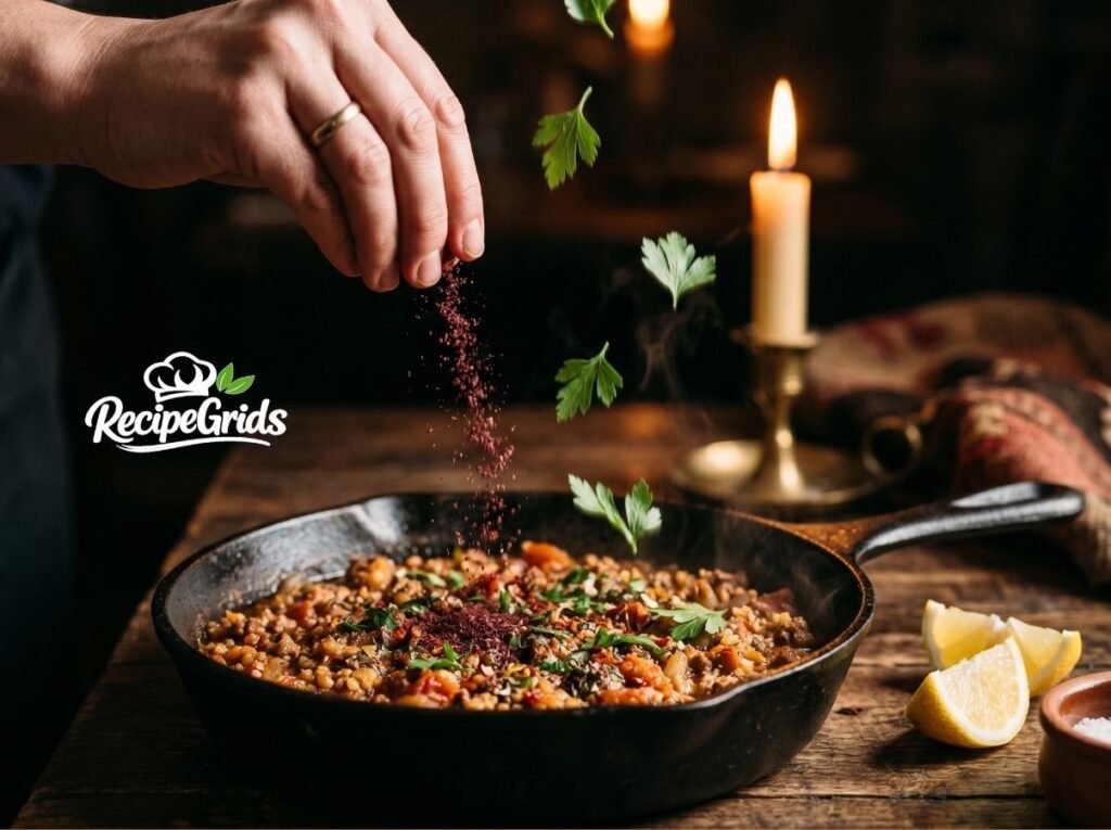 A chef's hand sprinkling burgundy sumac and fresh flat-leaf parsley over a sizzling cast-iron pan of Turkish Cevurı, cinematic lighting with a candle in the background.