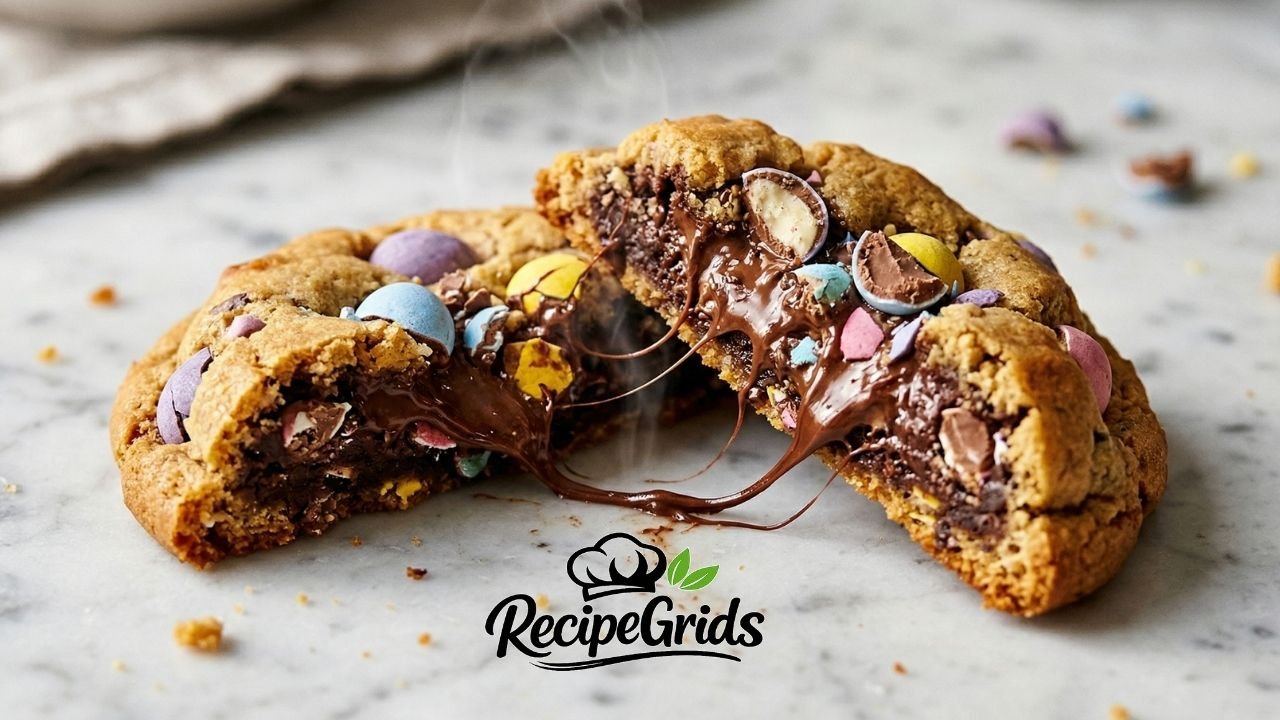 Cadbury Egg Cookie broken in half showing gooey fudgy center with melted chocolate and colorful Mini Egg pieces