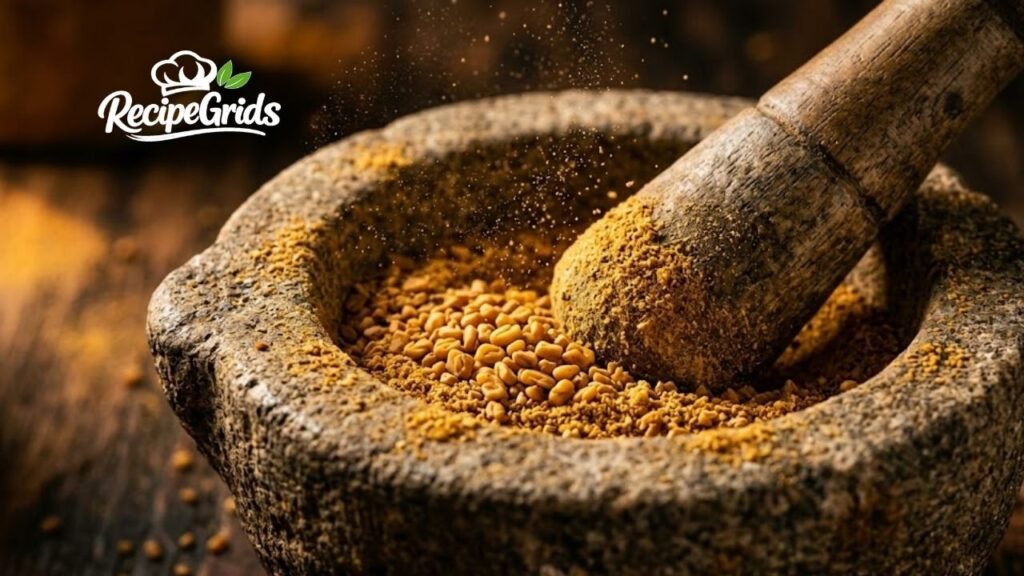 Close-up macro shot of golden foenegriek seeds being ground into a fine powder using a rustic stone mortar and pestle with spice dust particles in the air.