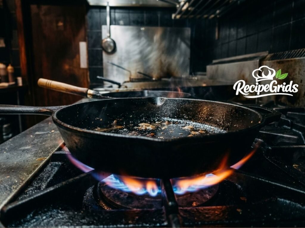 Heating a heavy black cast-iron skillet over a high roaring gas flame in preparation for searing meat.