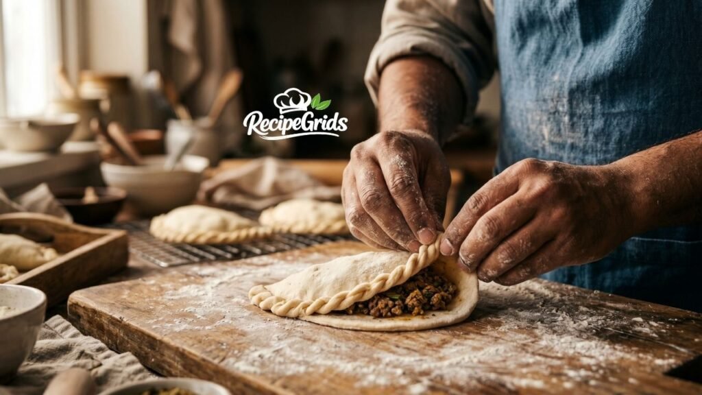 Close-up of a chef's hands carefully folding and crimping the edges of Levapioli dough over a spiced minced meat filling on a flour-dusted wooden board.