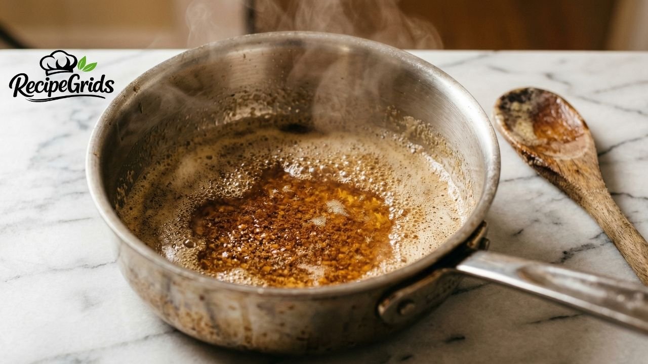 Brown butter sizzling in a saucepan showing golden amber color and fragrant steam
