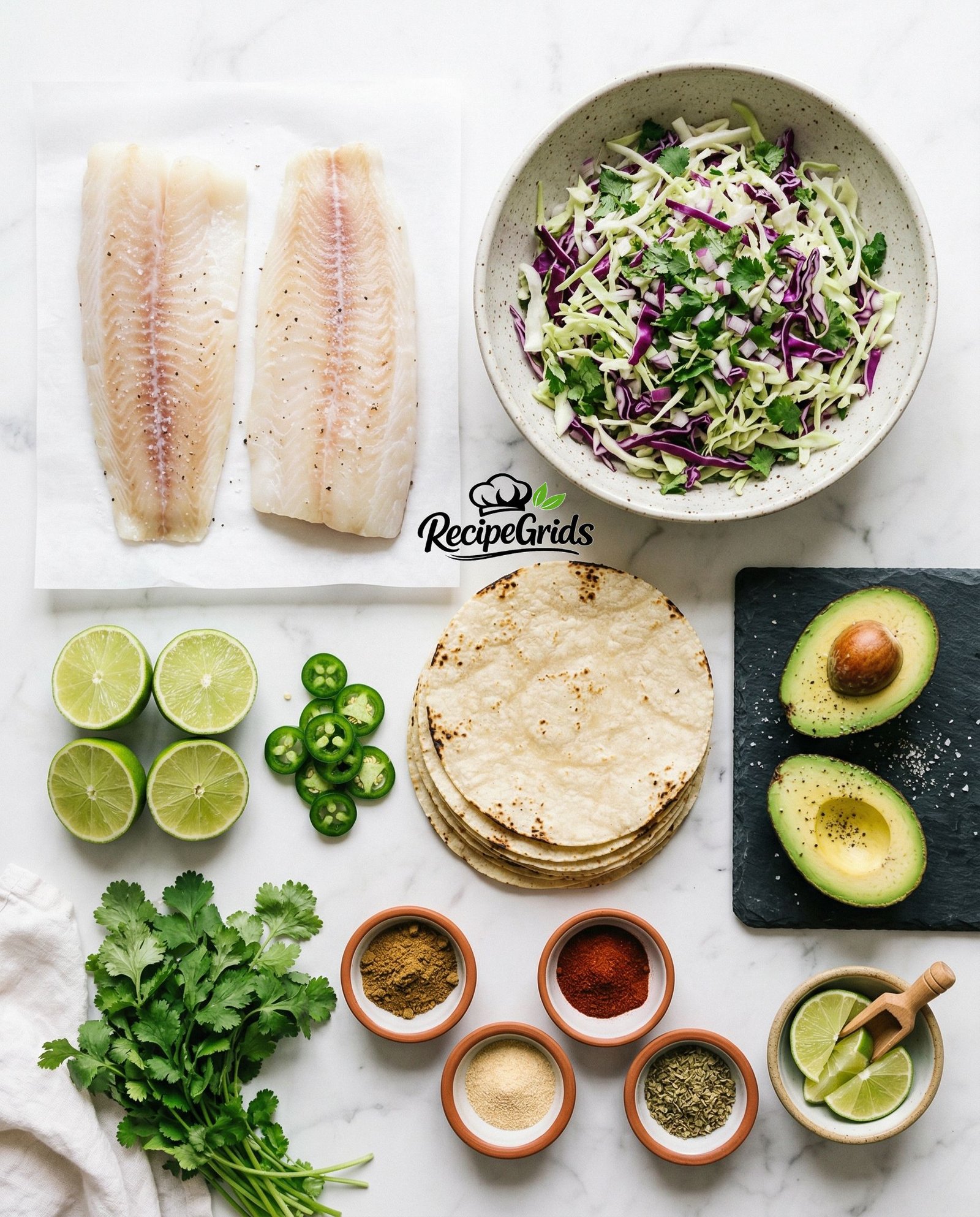 Fish taco ingredients flatlay - cod fillets, shredded cabbage, limes, spices, corn tortillas on marble surface