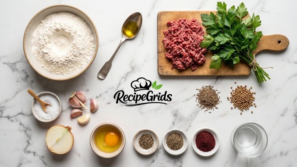 Overhead view of fresh ingredients for making Levapioli on a white marble surface, including raw minced meat, flour, fresh parsley, garlic, onion, a raw egg, and various aromatic spices.