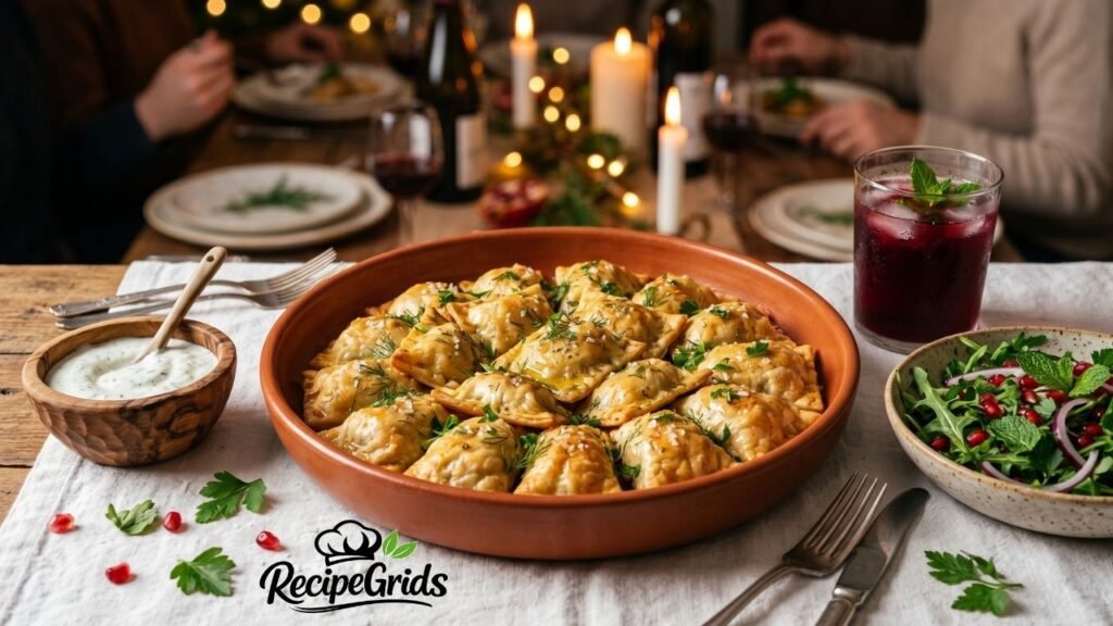 A large rustic terracotta bowl filled with beautifully baked Levapioli pastries, served on a warm, festive dining table alongside a fresh herb salad, yogurt dipping sauce, and drinks.