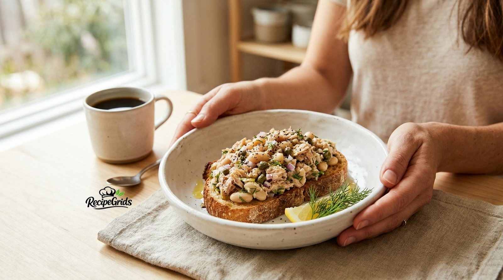 Lifestyle shot holding a bowl of tuna white bean smash at a kitchen table