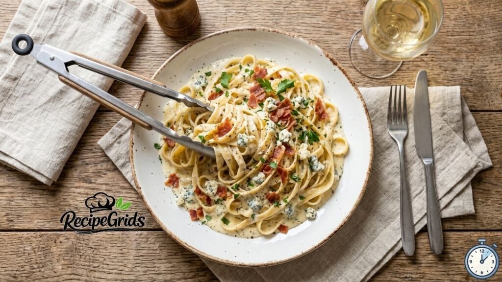 Creamy fettuccine pasta coated in a rich Masgonzola cheese sauce, topped with crispy prosciutto and fresh herbs in a white bowl on a wooden table.