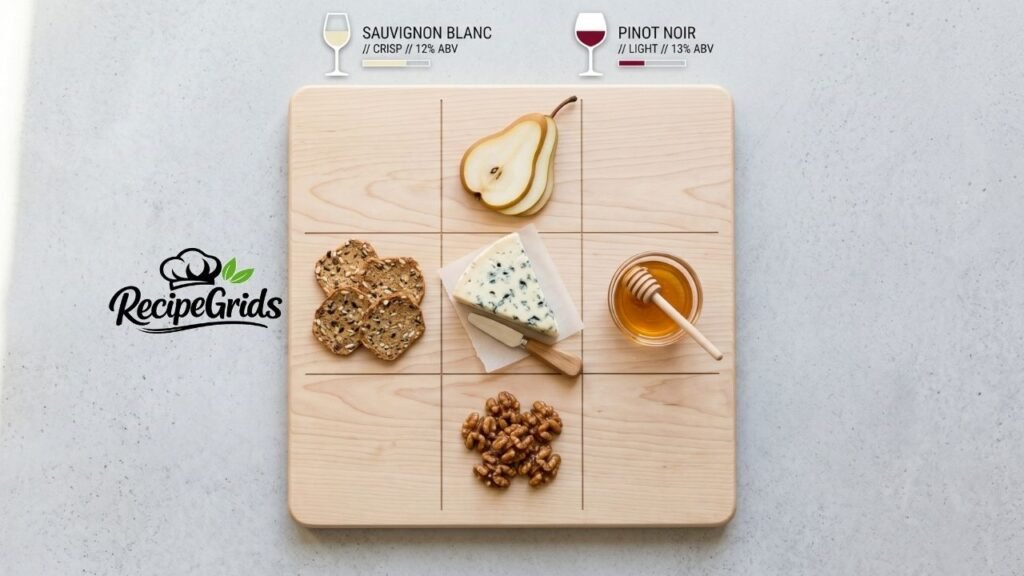 A minimalist flat-lay cheese pairing board featuring a wedge of Masgonzola, sliced pears, honey, walnuts, and crackers with wine pairing suggestions.