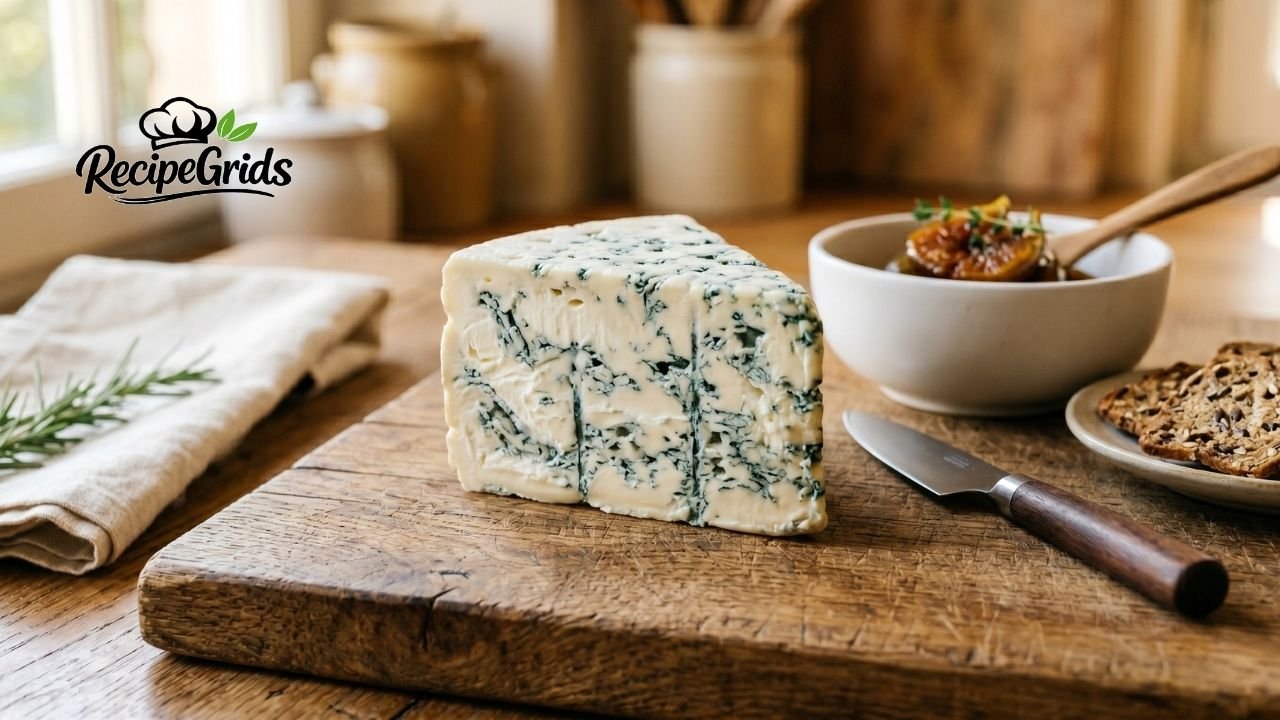 A close-up of a freshly cut wedge of Masgonzola cheese on a rustic wooden cutting board, showcasing its creamy texture and blue Gorgonzola veins.