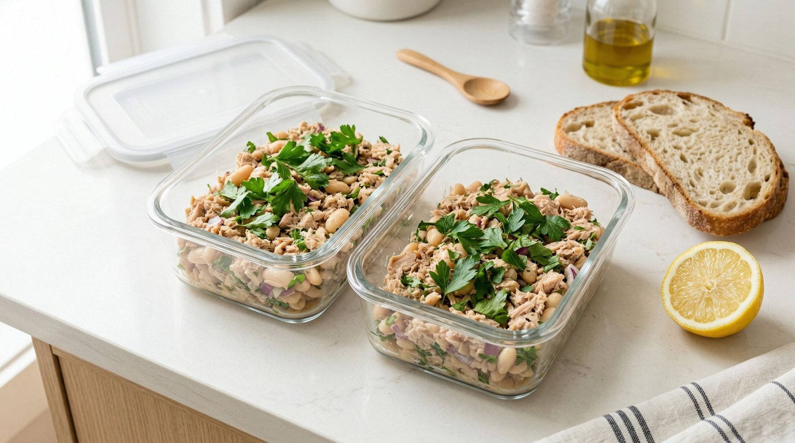 Tuna white bean smash in glass meal prep containers