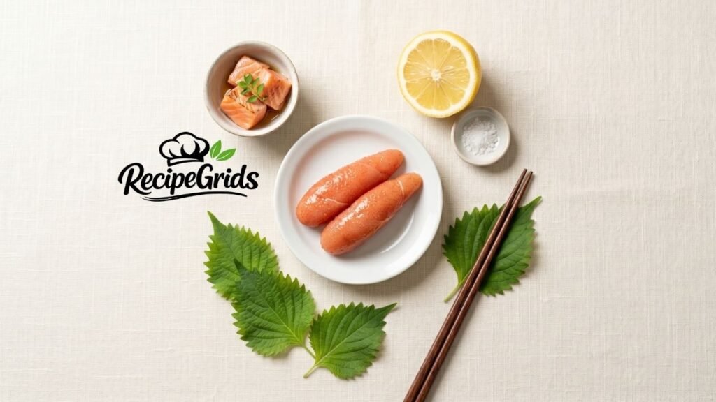 Overhead flat-lay view of fresh Mentaiko (Japanese spicy cod roe) alongside key pairing ingredients like salmon, fresh shiso leaves, lemon, and sea salt by RecipeGrids.