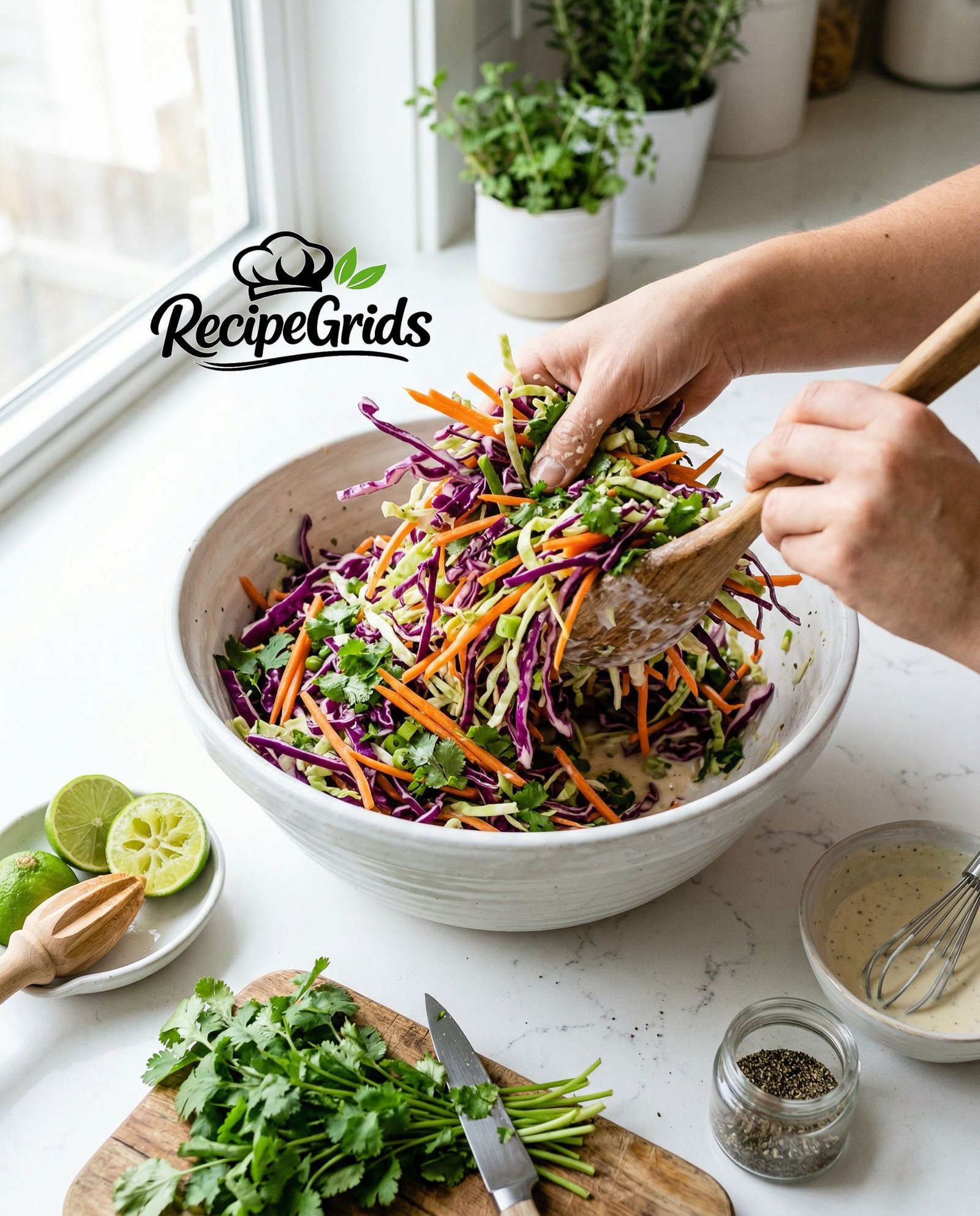 Colorful coleslaw being tossed in a white bowl - purple cabbage, green cabbage, carrots and cilantro for fish taco slaw
