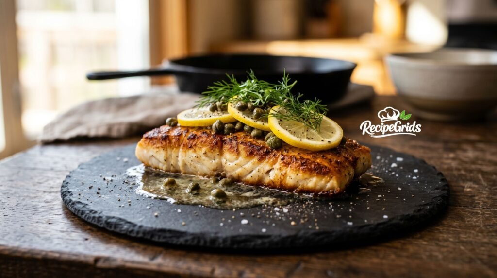 Close-up of a golden pan-seared Alaskan Seiti fillet topped with fresh lemon slices, capers, and dill on a rustic dark slate plate.