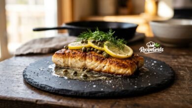 Close-up of a golden pan-seared Alaskan Seiti fillet topped with fresh lemon slices, capers, and dill on a rustic dark slate plate.