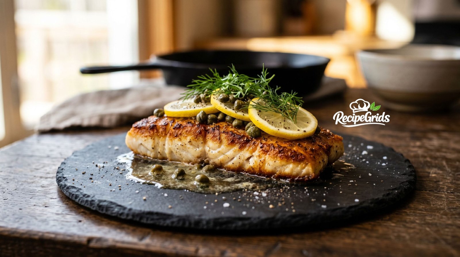 Close-up of a golden pan-seared Alaskan Seiti fillet topped with fresh lemon slices, capers, and dill on a rustic dark slate plate.