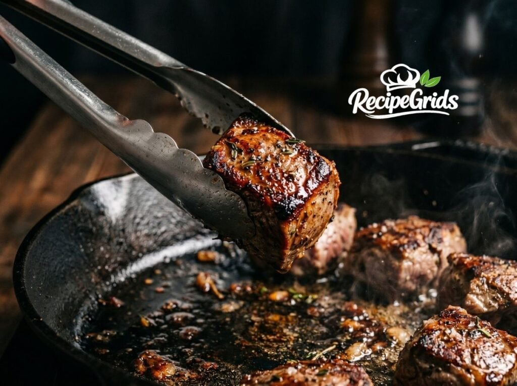 Stainless steel tongs holding a perfectly seared piece of lamb showing a dark mahogany caramelized crust.