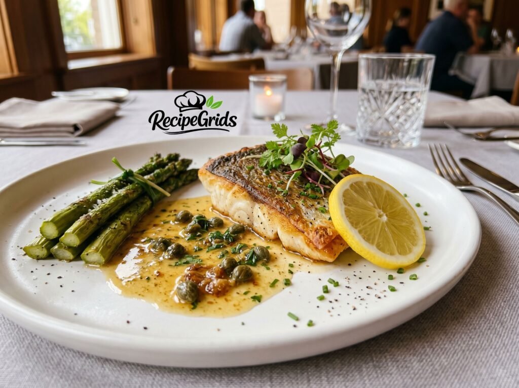 Elegant restaurant-style plating of Alaskan Seiti served with a side of roasted asparagus, drizzled with lemon-caper sauce on a white ceramic plate.