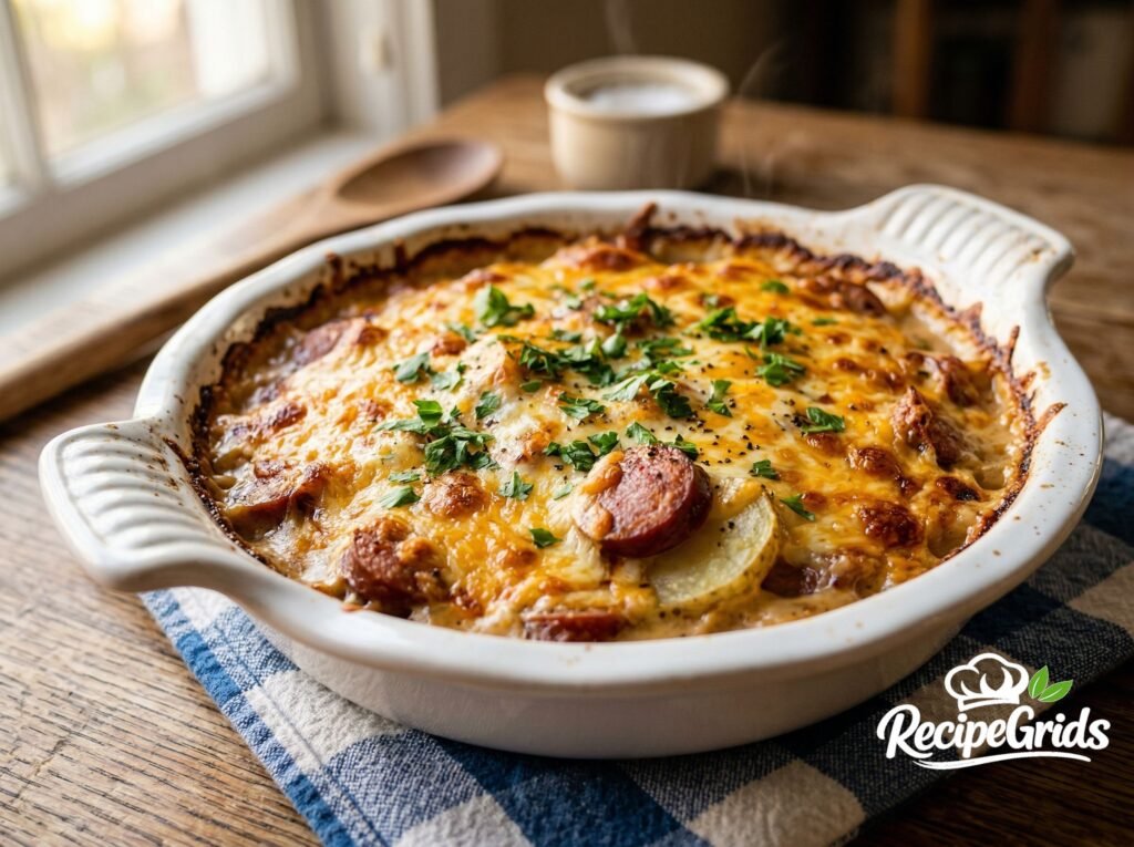A golden-baked potato and smoked sausage casserole, topped with melted cheese and fresh parsley, presented in a fluted white ceramic dish on a rustic table. Part of a RecipeGrids recipe.