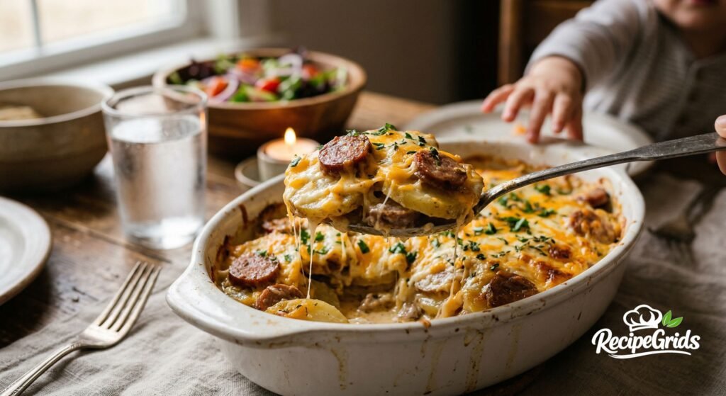 A close-up photograph of a baked potato and sausage casserole in a white ceramic dish, with a large metal spoon lifting a cheesy, golden portion, showing a long cheese pull. The background shows a dinner table with salad, water, and a child reaching. This is a recipe from RecipeGrids.
