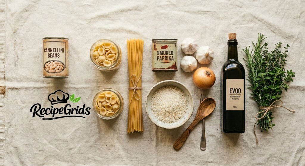 An overhead view of curated cooking ingredients for an Italian meal on a linen cloth, including canned beans, orecchiette, spaghetti, smoked paprika, garlic, onion, rice, EVOO, fresh herbs, and wooden spoons, with the RecipeGrids logo.