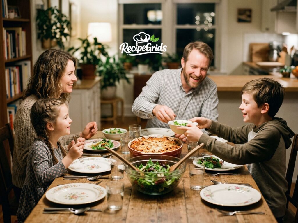 A candid photo of a happy family of four smiles as they share a warm, shared dinner meal (baked pasta and salad) around a rustic wooden table, with the father passing a bowl to the son. RecipeGrids logo visible.
