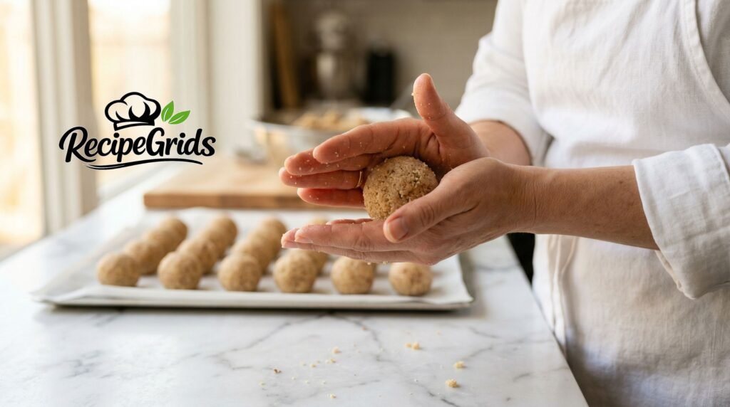 Baker's hands rolling uniform cake balls for spring cake pops, with perfectly round cake balls lined up on a parchment paper tray in the background.