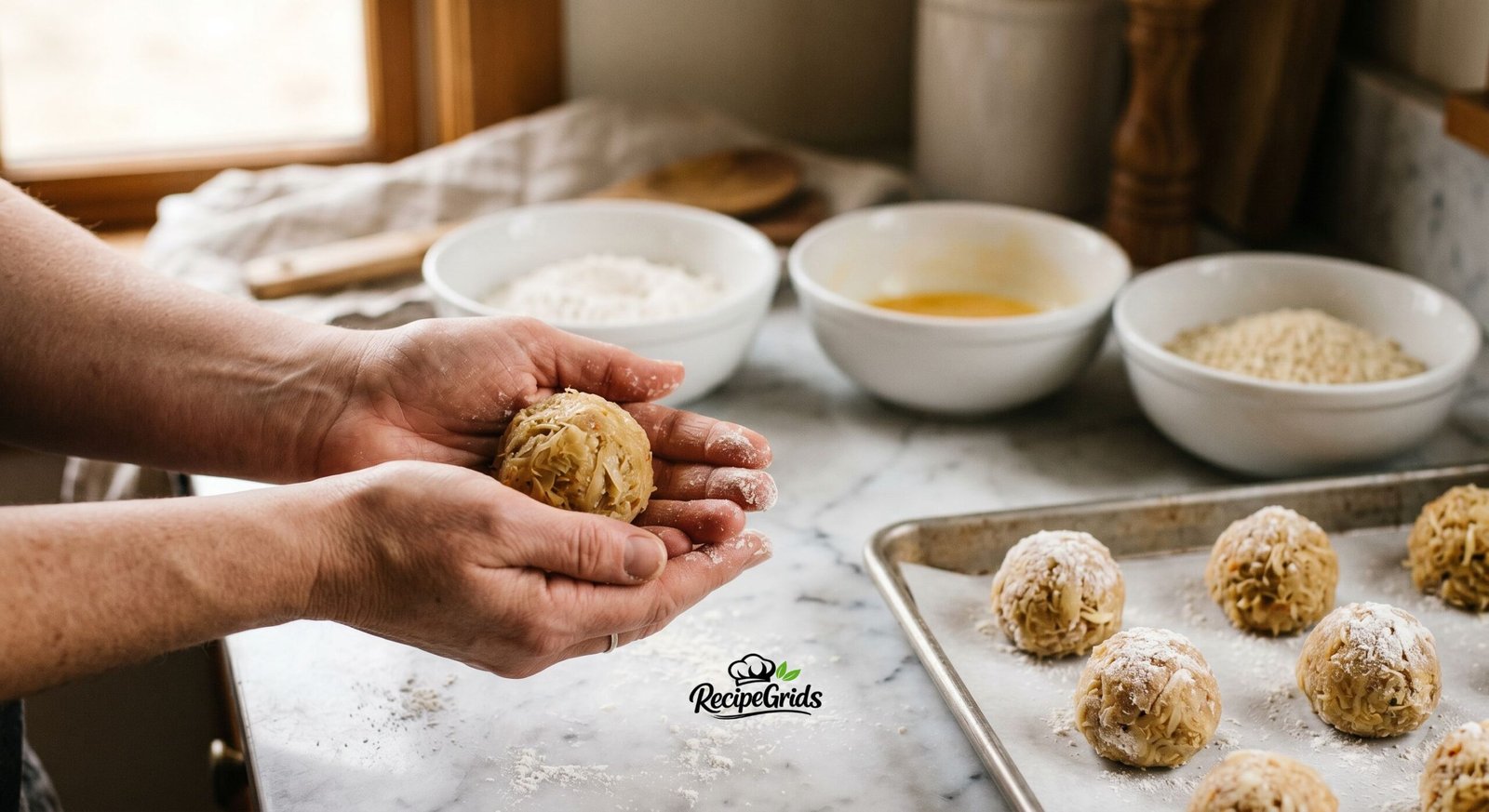 Close-up of hands rolling chilled sauerkraut and cream cheese filling into round balls, with a breading station of flour, egg wash, and panko in the background.