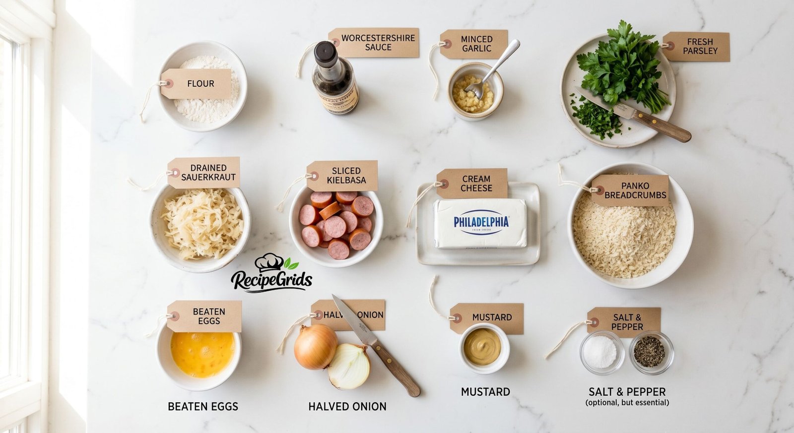 Overhead flat-lay of measured ingredients for sauerkraut balls on a white marble counter, including drained sauerkraut, sliced kielbasa, cream cheese, panko breadcrumbs, eggs, and seasonings.