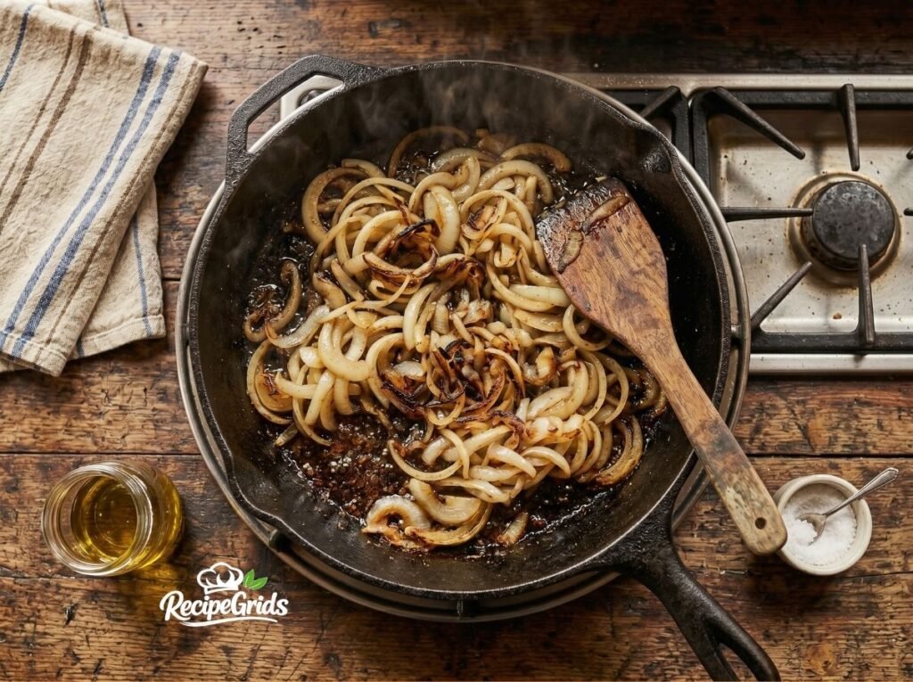 Sliced yellow onions caramelizing and softening in dark meat drippings in a cast-iron skillet, stirred with a wooden spatula.