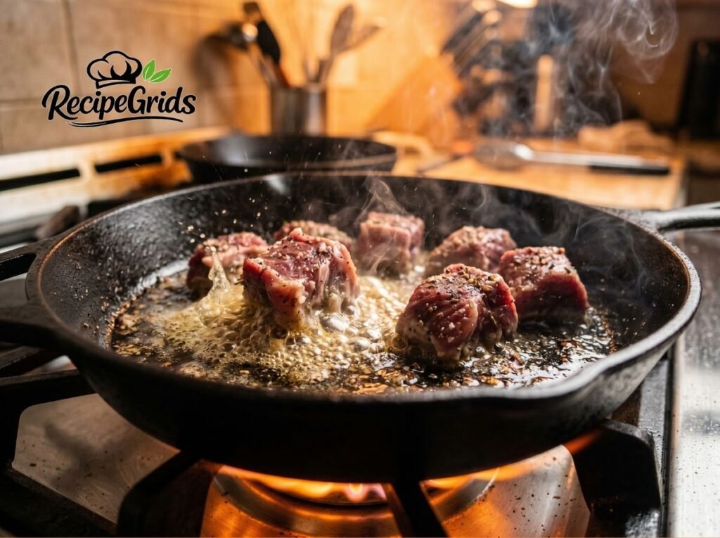 Cubes of lamb shoulder sizzling and frying aggressively in hot rendered fat inside a cast iron pan with steam rising.