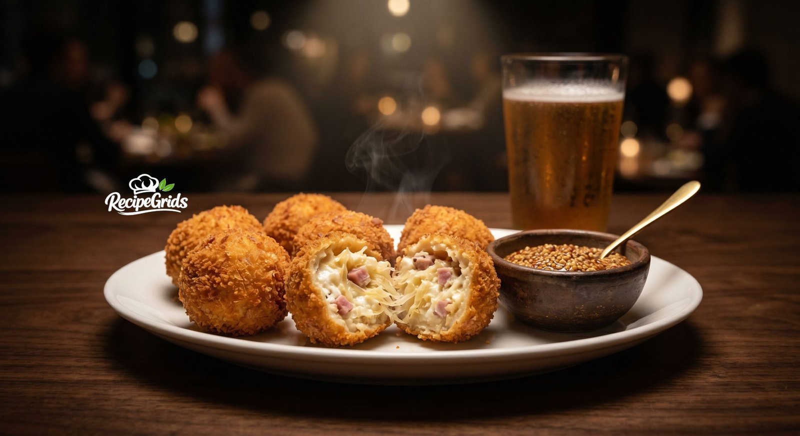 Steaming, golden-fried sauerkraut balls served on a white plate with a side of whole-grain mustard dip and a glass of cold beer in a moody, pub-style setting.