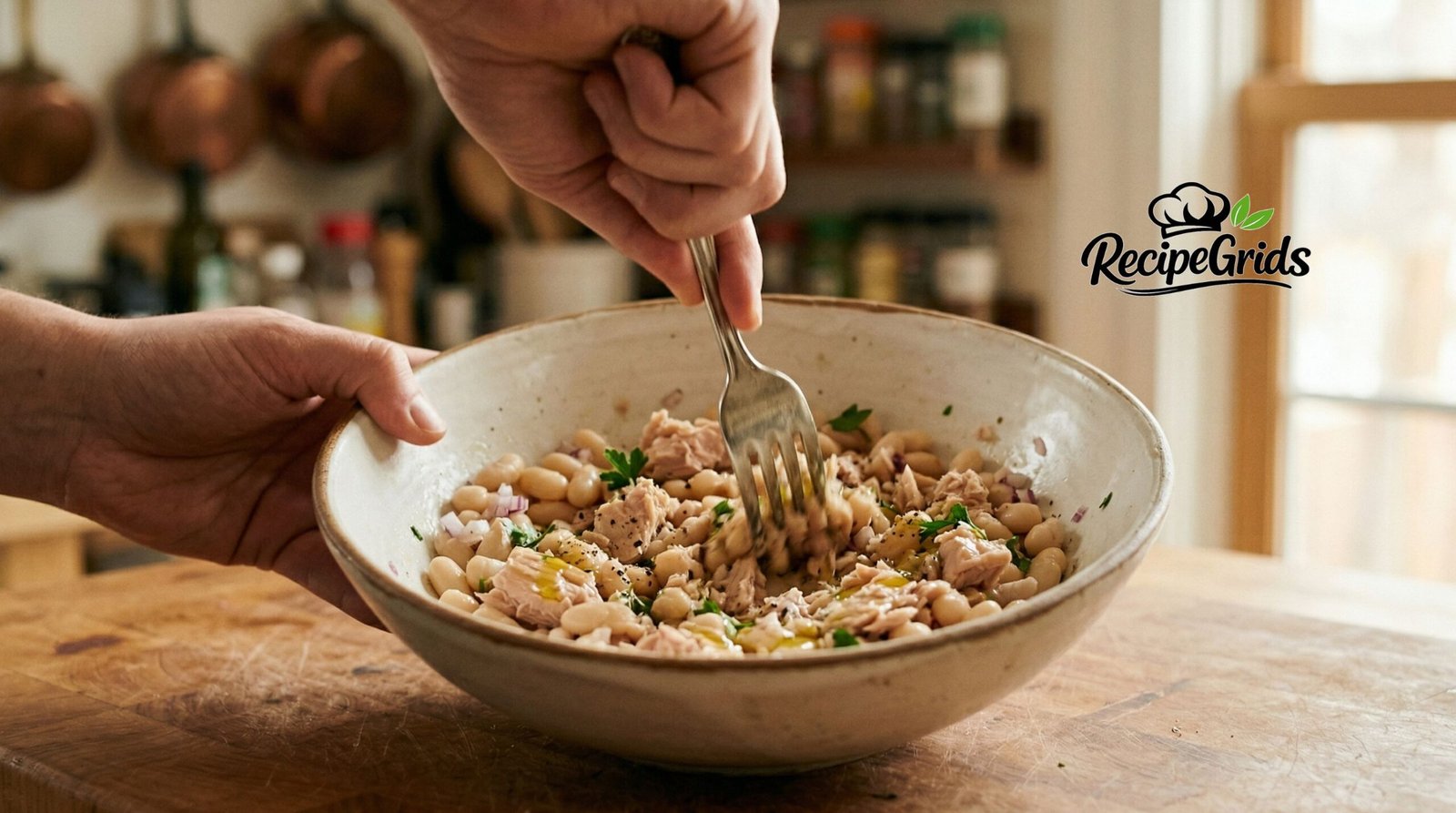 Smashing cannellini beans with a fork in a ceramic bowl