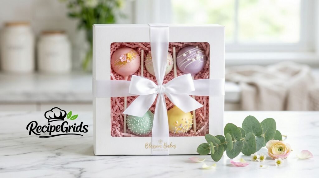 Six decorated spring cake pops beautifully packaged in a white bakery gift box with a clear display window, pink crinkle paper, and a white satin bow.