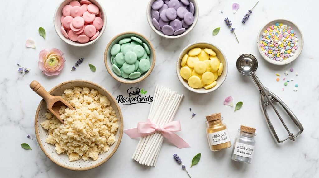 Flat lay of spring cake pop ingredients including pastel candy melts, cake crumbs, lollipop sticks, and edible glitter on a white marble surface.