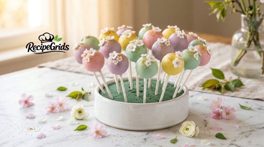 Elegant spring dessert table featuring a beautiful bouquet of pastel cake pops arranged in a white ceramic vase, surrounded by fresh flowers and macarons.