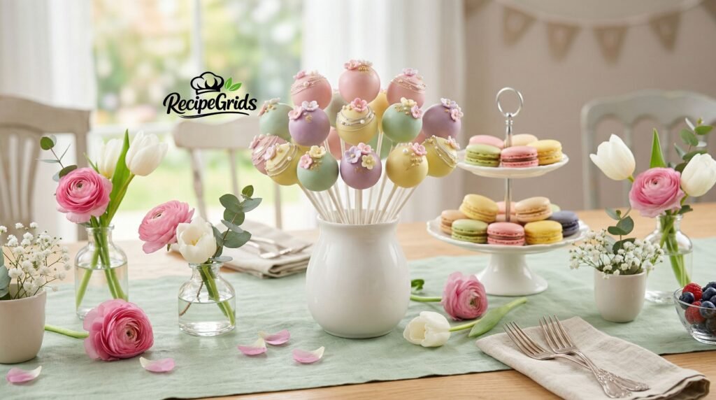 Elegant spring dessert table featuring a beautiful bouquet of pastel spring cake pops arranged in a white ceramic vase, surrounded by fresh flowers and macarons.