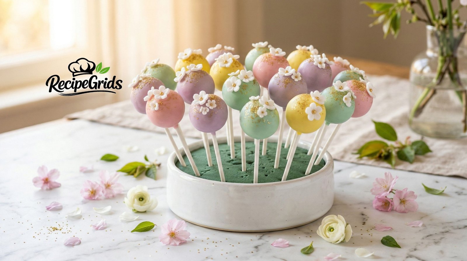 Elegant spring dessert table featuring a beautiful bouquet of pastel cake pops arranged in a white ceramic vase, surrounded by fresh flowers and macarons.