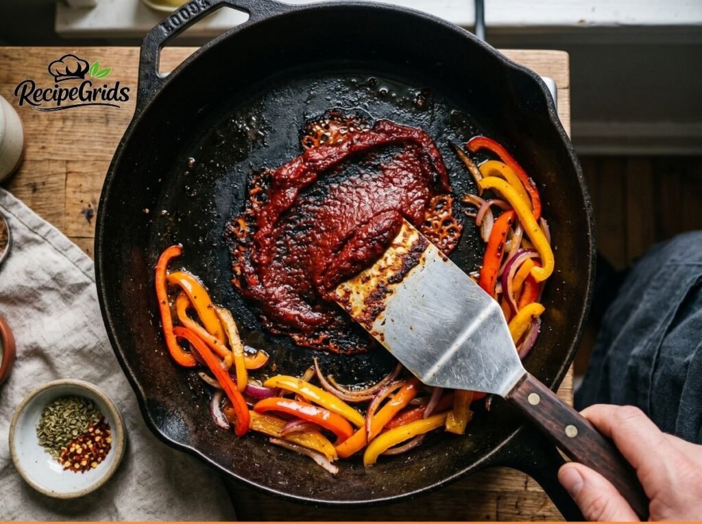 A metal spatula pressing dark red tomato paste directly onto a hot skillet alongside sliced bell peppers to toast it.