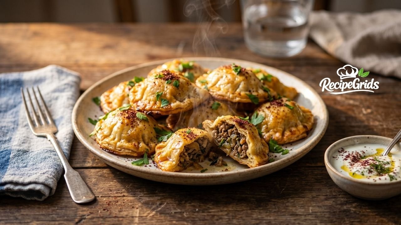 Close-up of freshly baked golden Levapioli on a rustic plate, with one piece broken open to reveal the juicy seasoned minced meat filling and steam rising.