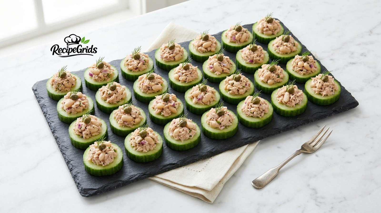 Tuna white bean smash scooped onto cucumber rounds