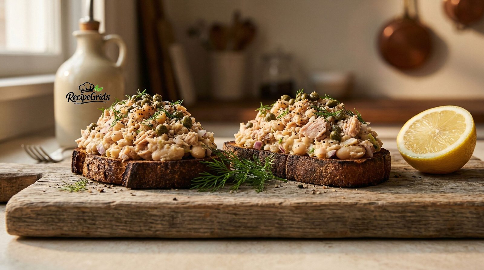Tuna white bean smash on dark toasted sourdough on a wooden board