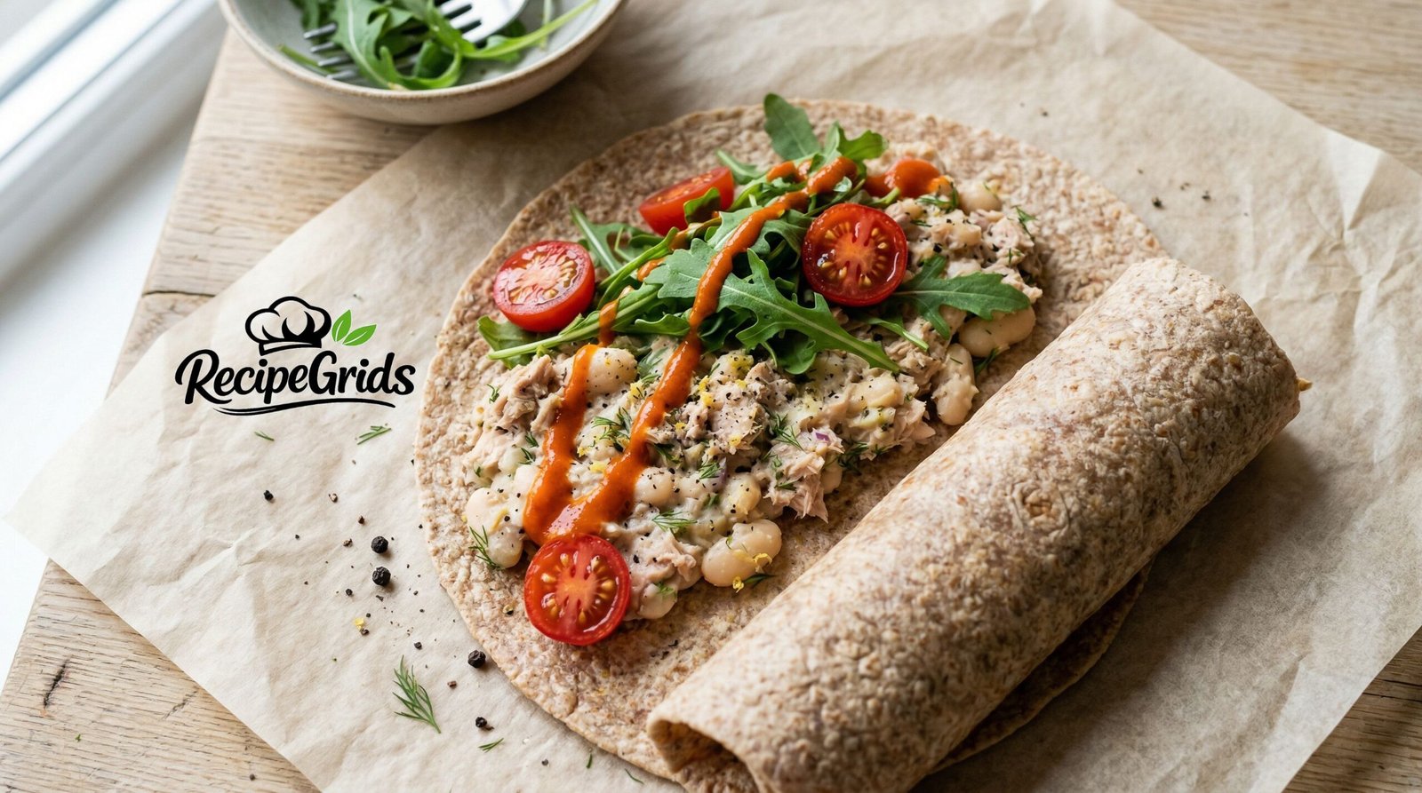 Tuna white bean smash in a whole-wheat wrap with rocket