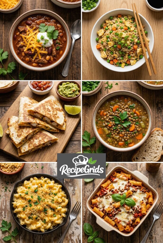 A six-panel photo collage showcasing various dinner dishes from RecipeGrids: beef chili, fried rice, chicken quesadillas, lentil soup, mac and cheese, and a baked pasta dish, with the RecipeGrids logo in the center.