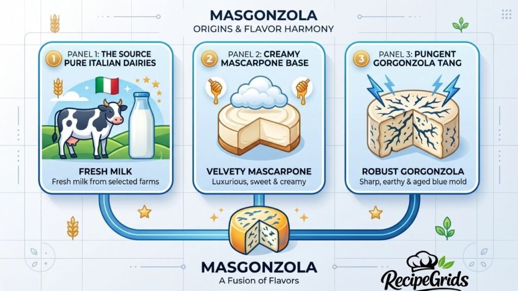 An infographic illustrating the origins of Masgonzola cheese, showing how a creamy Mascarpone base and robust Gorgonzola tang merge to form a perfect flavor fusion.
