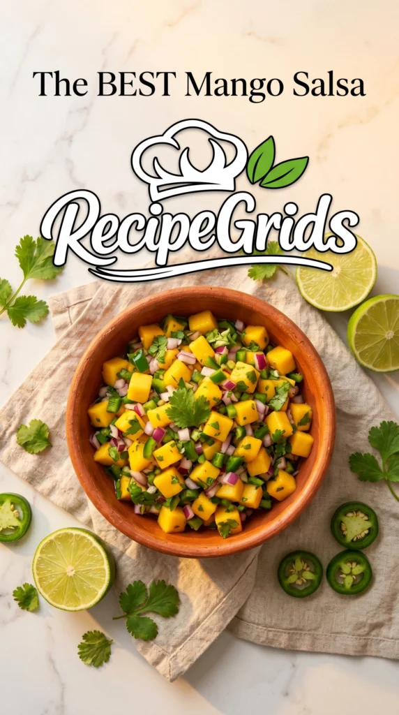 Top-down view of a rustic clay bowl filled with fresh mango salsa, featuring 'The BEST Mango Salsa' text and RecipeGrids logo.