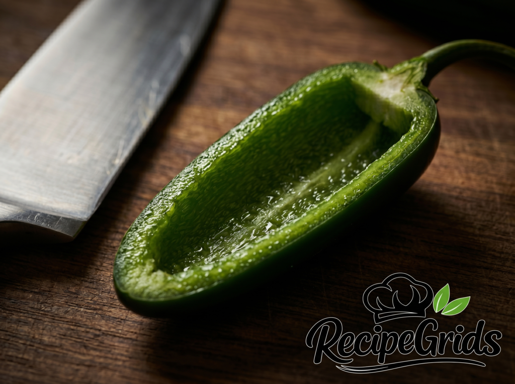 A fresh green jalapeño pepper cut in half lengthwise on a dark wooden cutting board next to a chef's knife.