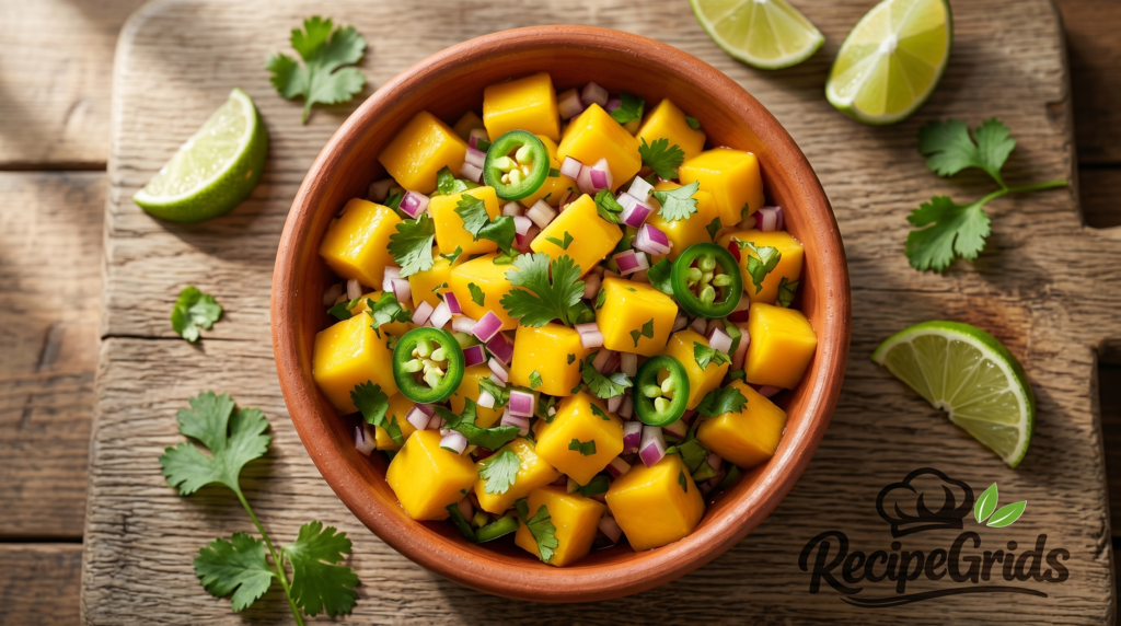 A clay bowl filled with colorful mango salsa, garnished with jalapeño slices and surrounded by fresh cilantro leaves and lime wedges.